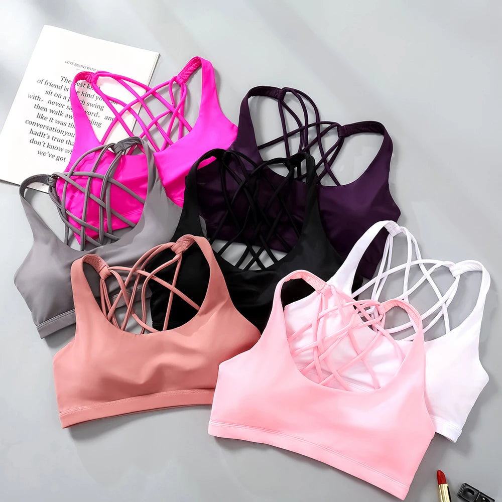 Fitness Sports Bra for Women Push Up, Wirefree Padded Crisscross Strappy Running Gym Training Workout Yoga Underwear Crop Tops