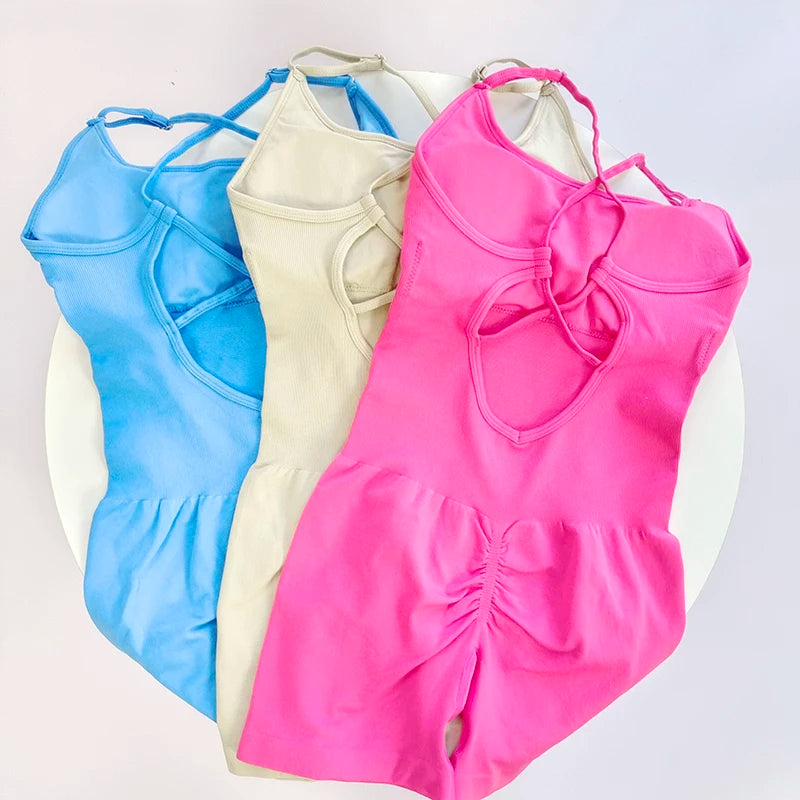 Sexy Seamless Peach Hip Yoga Jumpsuit - Quick-Dry, Stretchy Knit Fabric, Removable Pads, Striped Design, Slim Fit for Wome