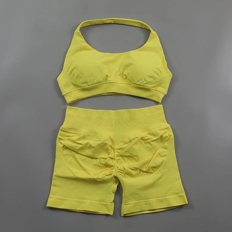 Impact Shorts, Seamless Set, Halter Sports Bra, Low Waist Scrunch