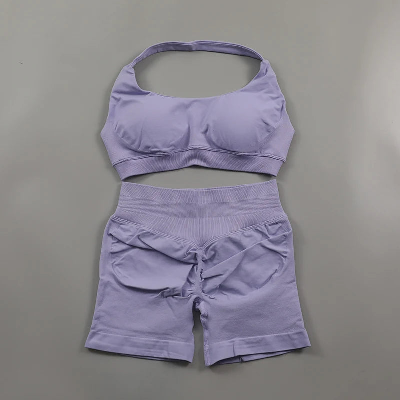 Impact Shorts, Seamless Set, Halter Sports Bra, Low Waist Scrunch