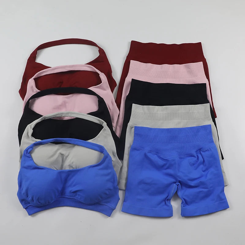 Impact Shorts, Seamless Set, Halter Sports Bra, Low Waist Scrunch