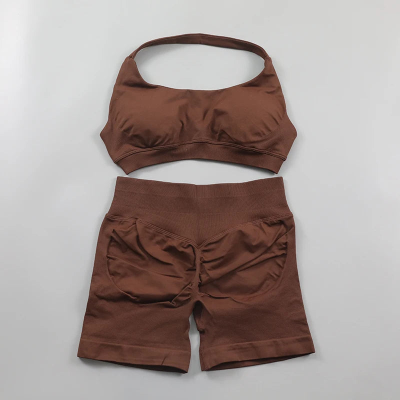 Impact Shorts, Seamless Set, Halter Sports Bra, Low Waist Scrunch