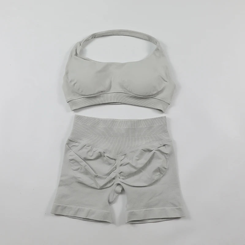 Impact Shorts, Seamless Set, Halter Sports Bra, Low Waist Scrunch