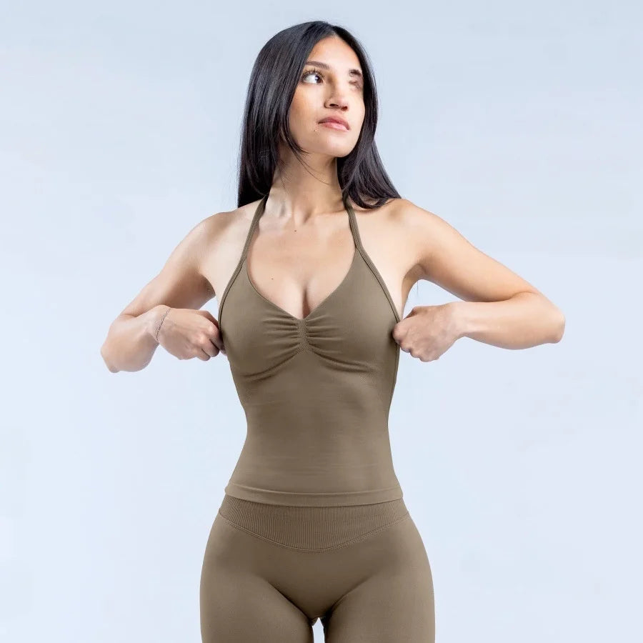 New Impact Yoga Vest Backless Scrunch Built-in Bra With Cups Tops