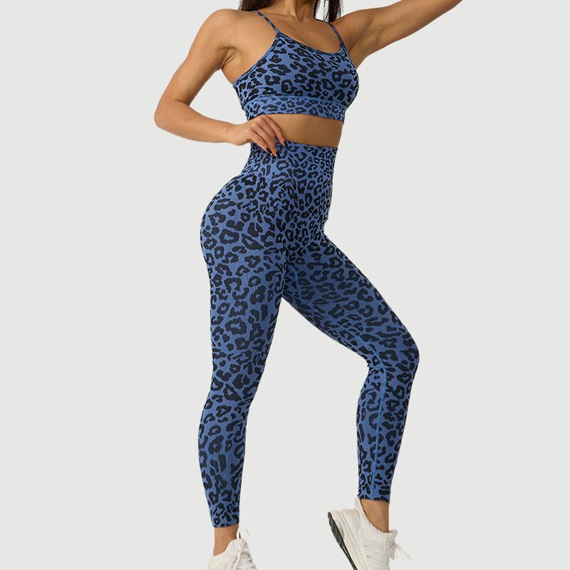 Leopard Gym Set Nylon Sports Bra Fitness Seamless Yoga Leggings, 2 Pieces Set Female Running, Training Track Suit