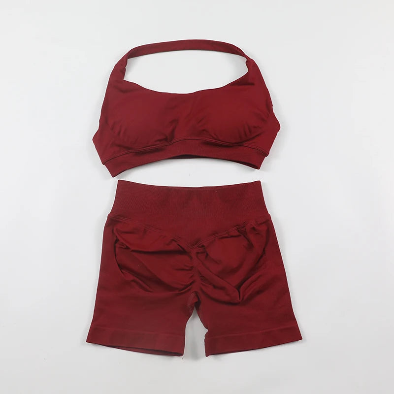 Impact Shorts, Seamless Set, Halter Sports Bra, Low Waist Scrunch