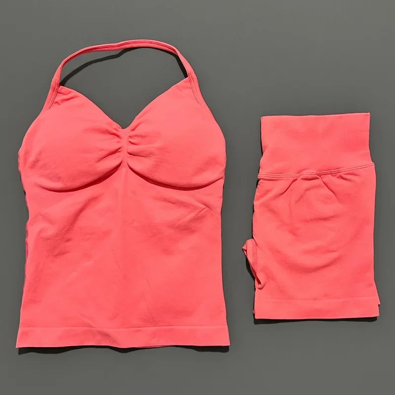 2 Pieces modern workout Sets, Backless Halter Tops + High Waist Seamless Shorts