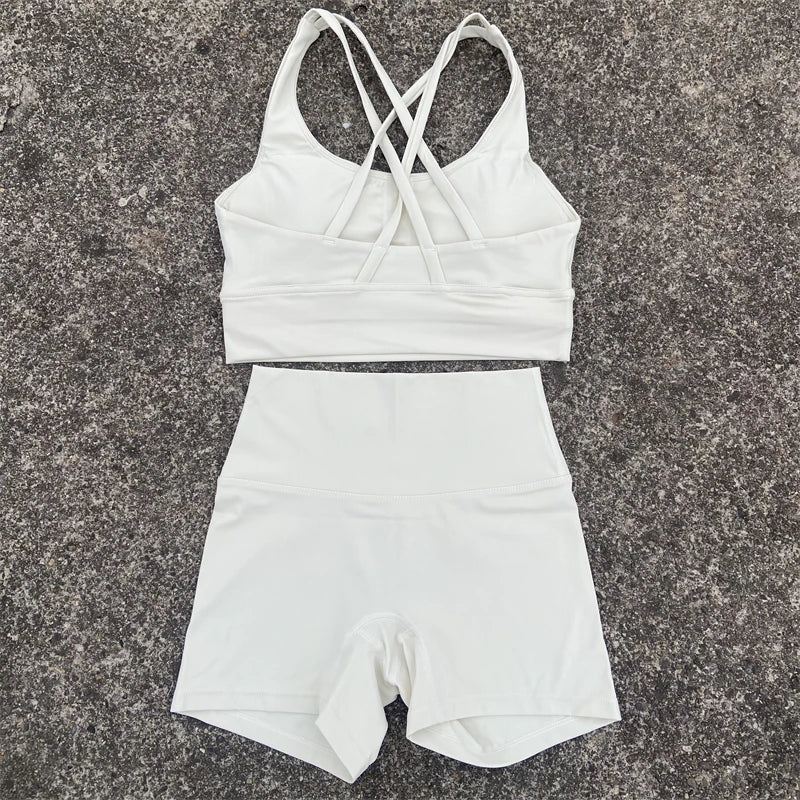 2 Piece workout Sports, Cross Back Bra + High Waist Shorts