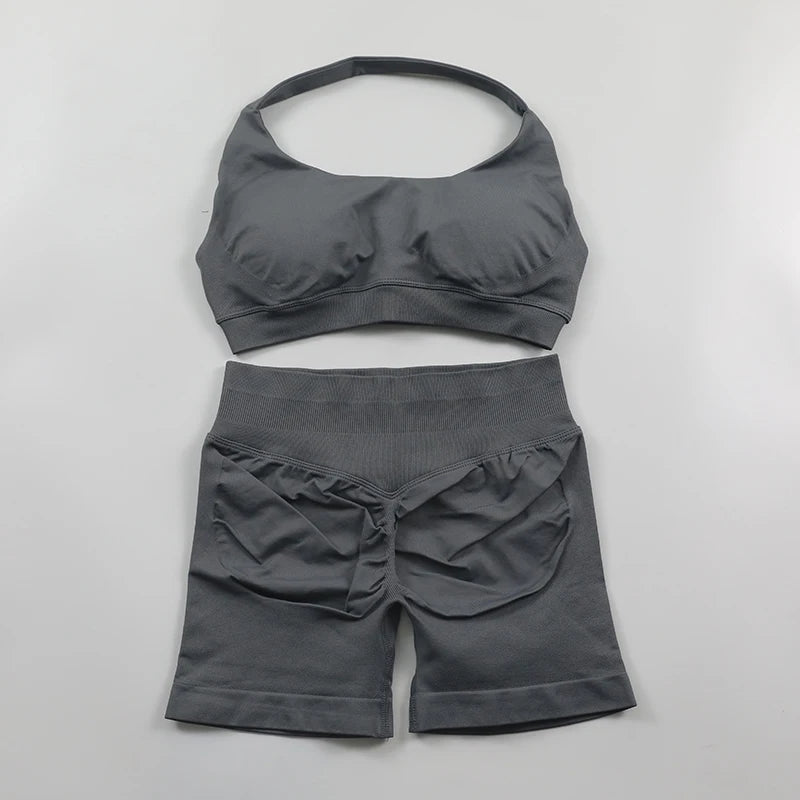 Impact Shorts, Seamless Set, Halter Sports Bra, Low Waist Scrunch