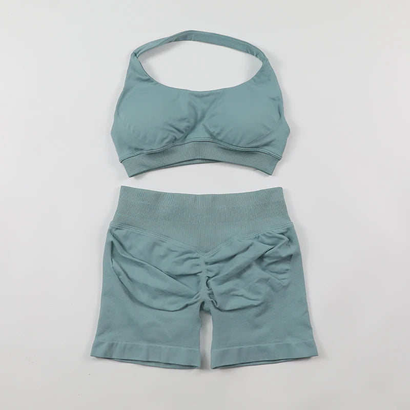 Impact Shorts, Seamless Set, Halter Sports Bra, Low Waist Scrunch