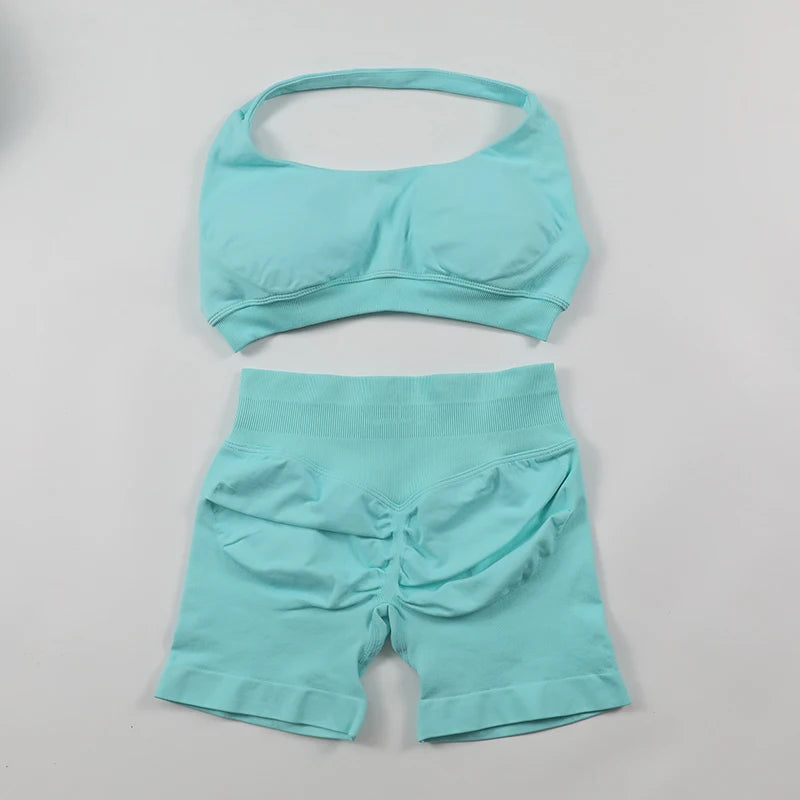 Impact Shorts, Seamless Set, Halter Sports Bra, Low Waist Scrunch