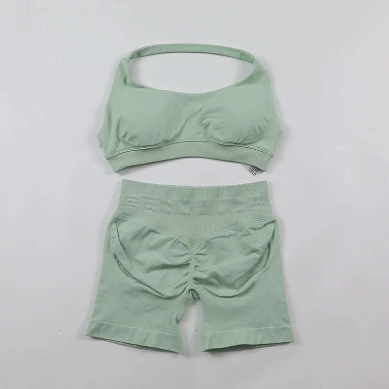 Impact Shorts, Seamless Set, Halter Sports Bra, Low Waist Scrunch