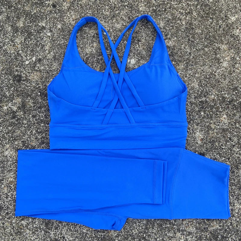 2 Piece Set workout Set, Cross Straps Bra + High Waist Leggings Running Tracksuit