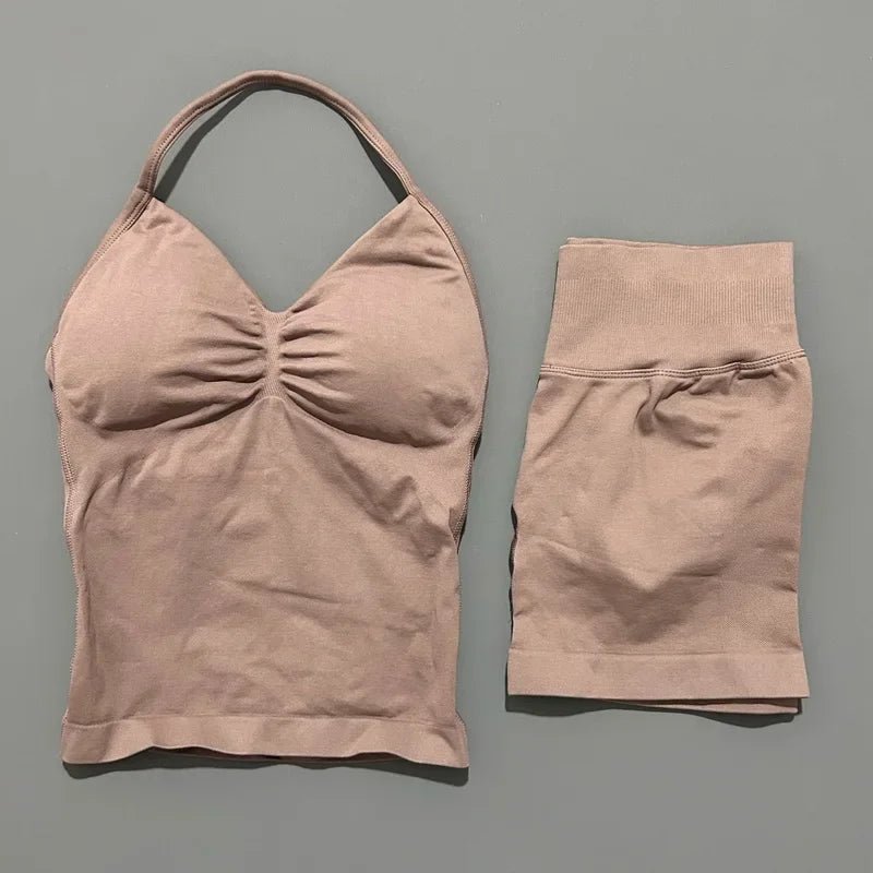 2 Pieces modern workout Sets, Backless Halter Tops + High Waist Seamless Shorts