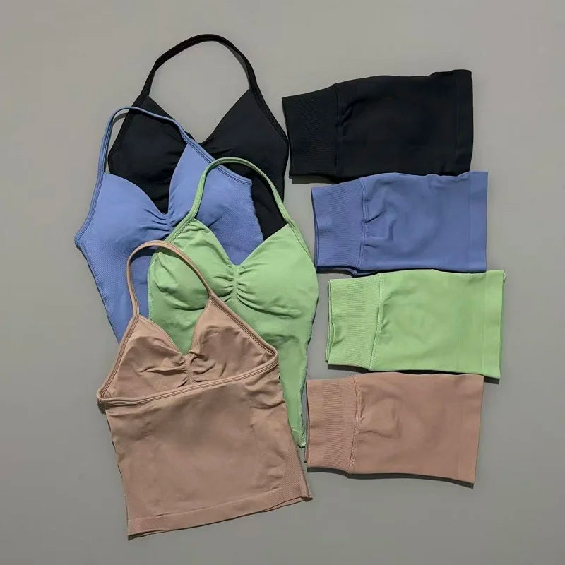 2 Pieces modern workout Sets, Backless Halter Tops + High Waist Seamless Shorts