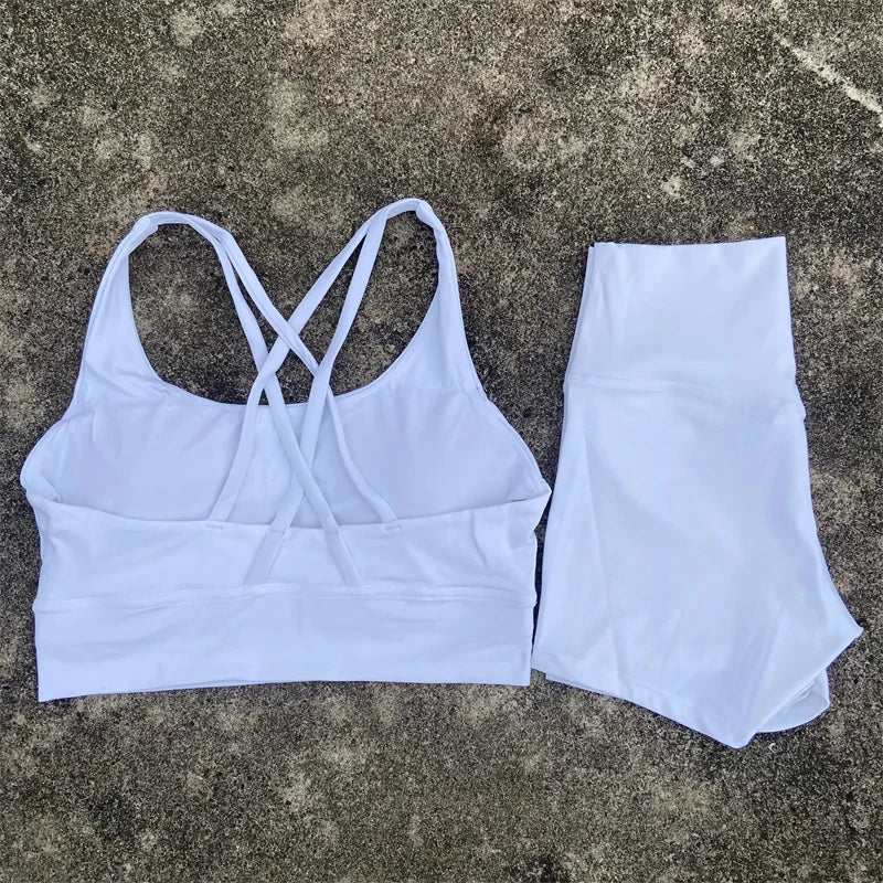 2 Piece workout Sports, Cross Back Bra + High Waist Shorts