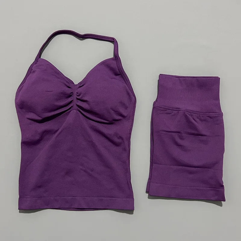 2 Pieces modern workout Sets, Backless Halter Tops + High Waist Seamless Shorts