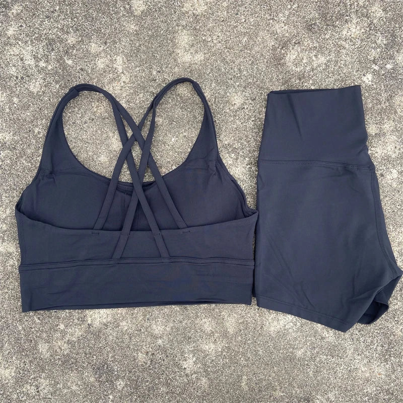 2 Piece workout Sports, Cross Back Bra + High Waist Shorts