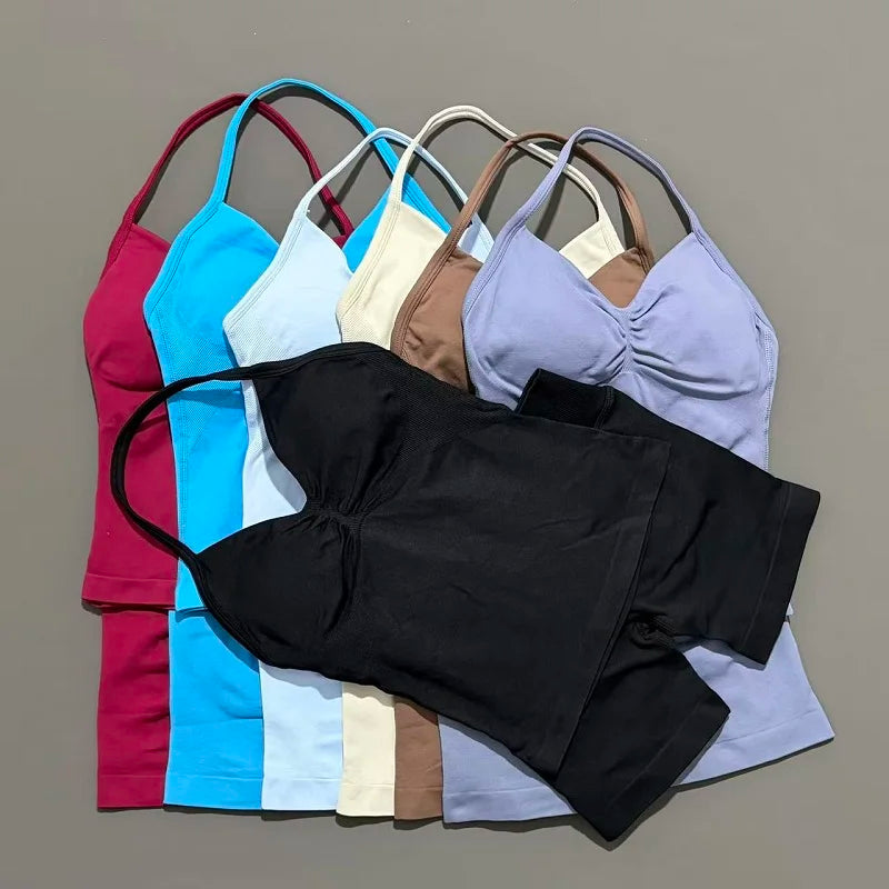 2 Pieces modern workout Sets, Backless Halter Tops + High Waist Seamless Shorts
