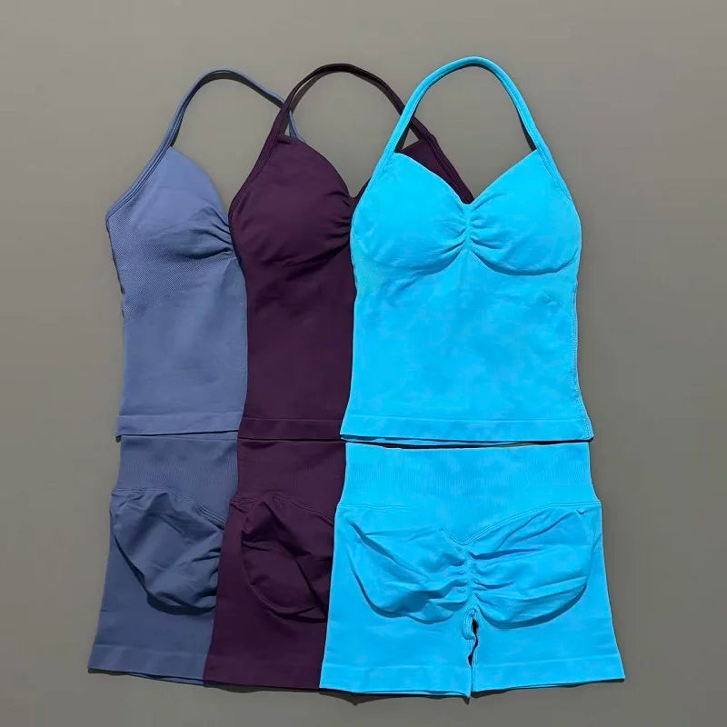 2 Pieces modern workout Sets, Backless Halter Tops + High Waist Seamless Shorts