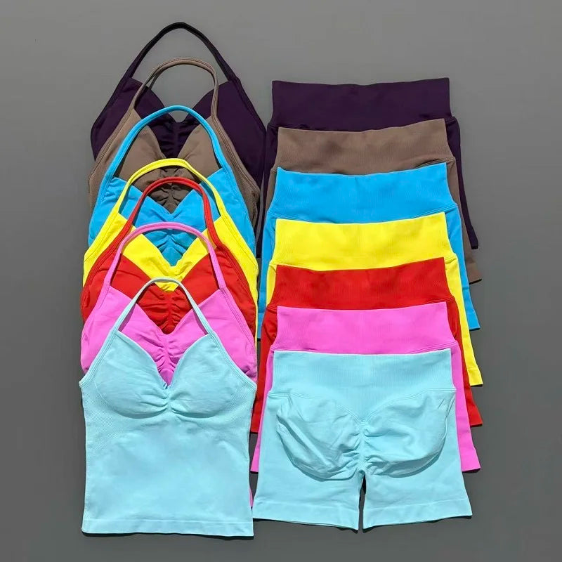 2 Pieces modern workout Sets, Backless Halter Tops + High Waist Seamless Shorts