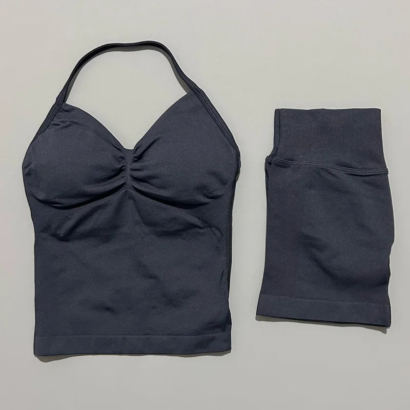2 Pieces modern workout Sets, Backless Halter Tops + High Waist Seamless Shorts