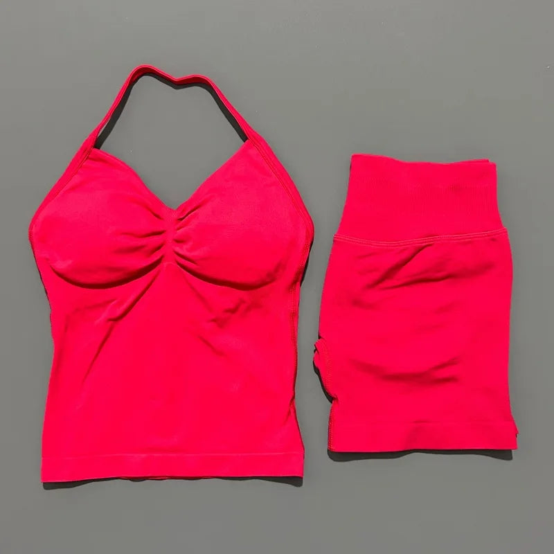 2 Pieces modern workout Sets, Backless Halter Tops + High Waist Seamless Shorts