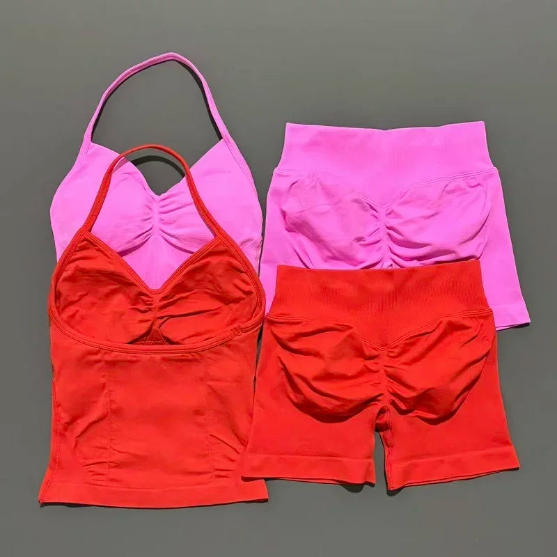 2 Pieces modern workout Sets, Backless Halter Tops + High Waist Seamless Shorts