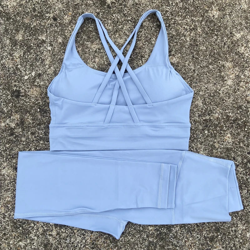 2 Piece Set workout Set, Cross Straps Bra + High Waist Leggings Running Tracksuit