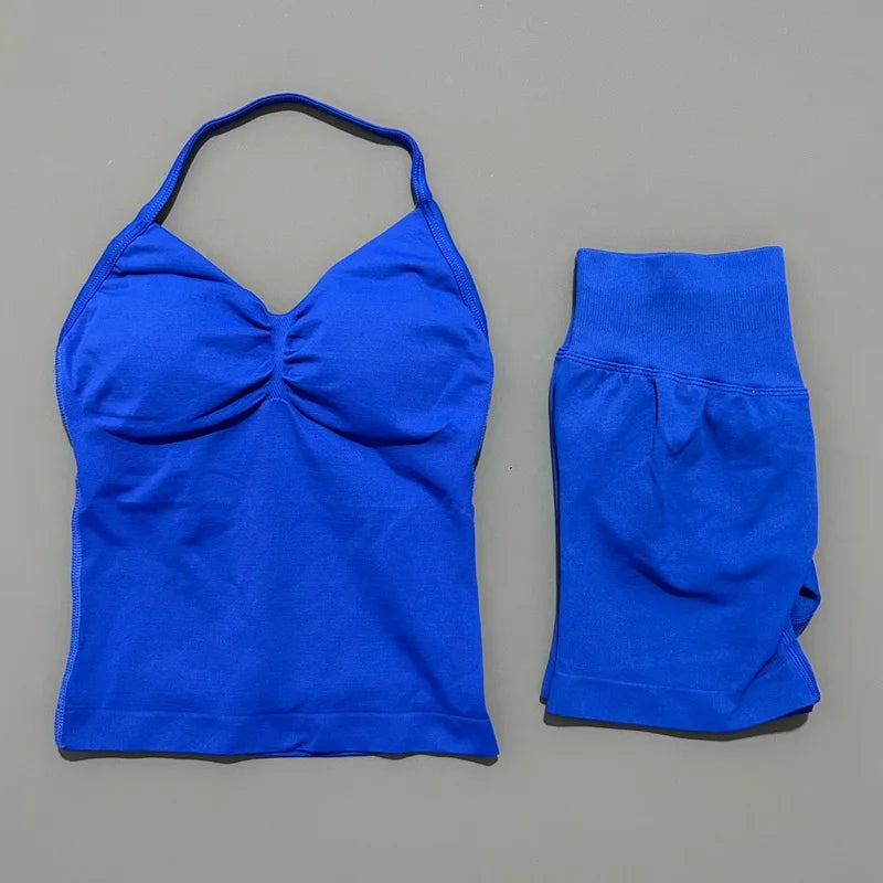 2 Pieces modern workout Sets, Backless Halter Tops + High Waist Seamless Shorts