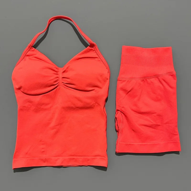 2 Pieces modern workout Sets, Backless Halter Tops + High Waist Seamless Shorts
