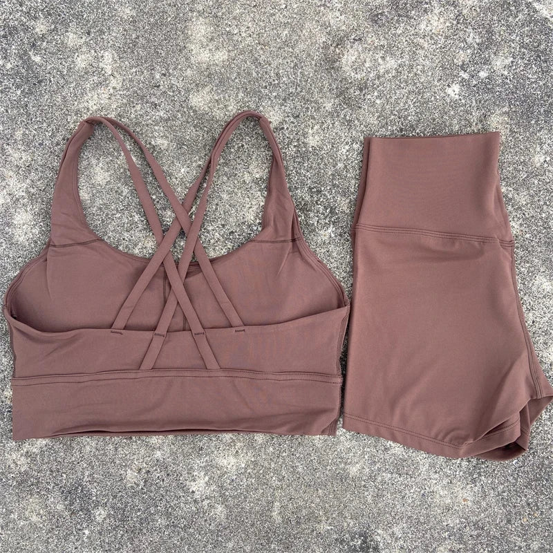 2 Piece workout Sports, Cross Back Bra + High Waist Shorts
