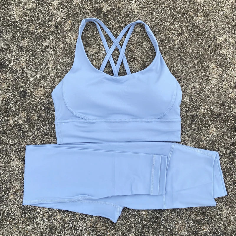 2 Piece Set workout Set, Cross Straps Bra + High Waist Leggings Running Tracksuit