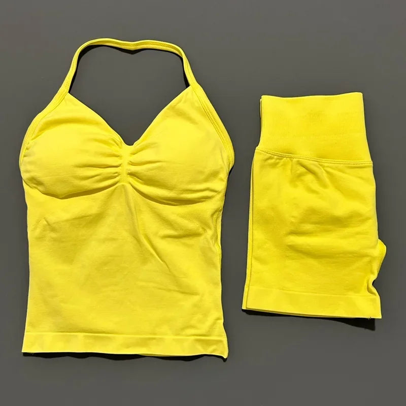 2 Pieces modern workout Sets, Backless Halter Tops + High Waist Seamless Shorts