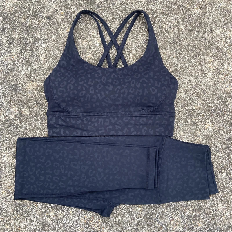2 Piece Set workout Set, Cross Straps Bra + High Waist Leggings Running Tracksuit