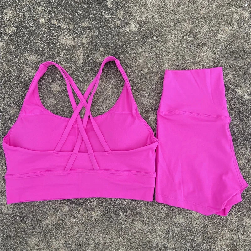 2 Piece workout Sports, Cross Back Bra + High Waist Shorts