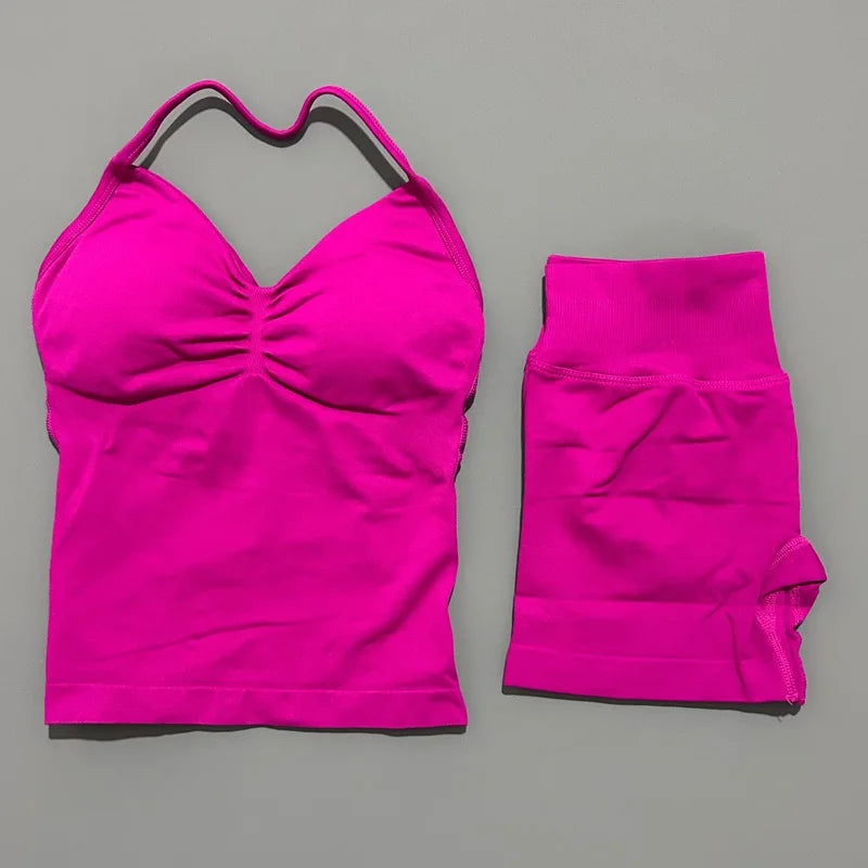 2 Pieces modern workout Sets, Backless Halter Tops + High Waist Seamless Shorts