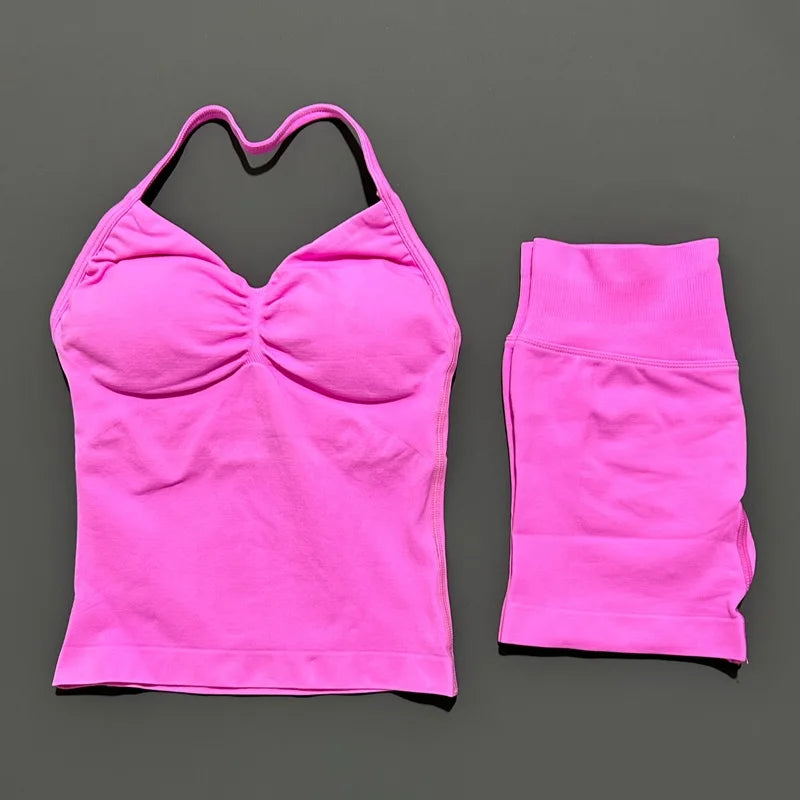 2 Pieces modern workout Sets, Backless Halter Tops + High Waist Seamless Shorts