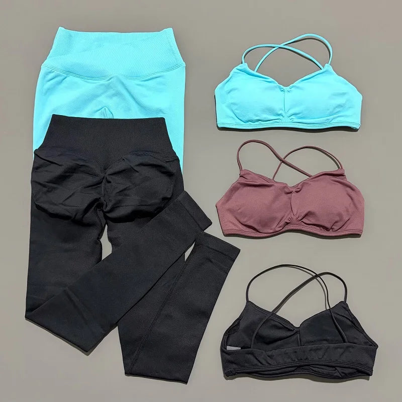 2Pcs Women workout Set, Backless Tank Tops + High Waist Scrunch Seamless Shorts