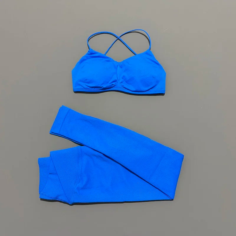 2Pcs Women workout Set, Backless Tank Tops + High Waist Scrunch Seamless Shorts