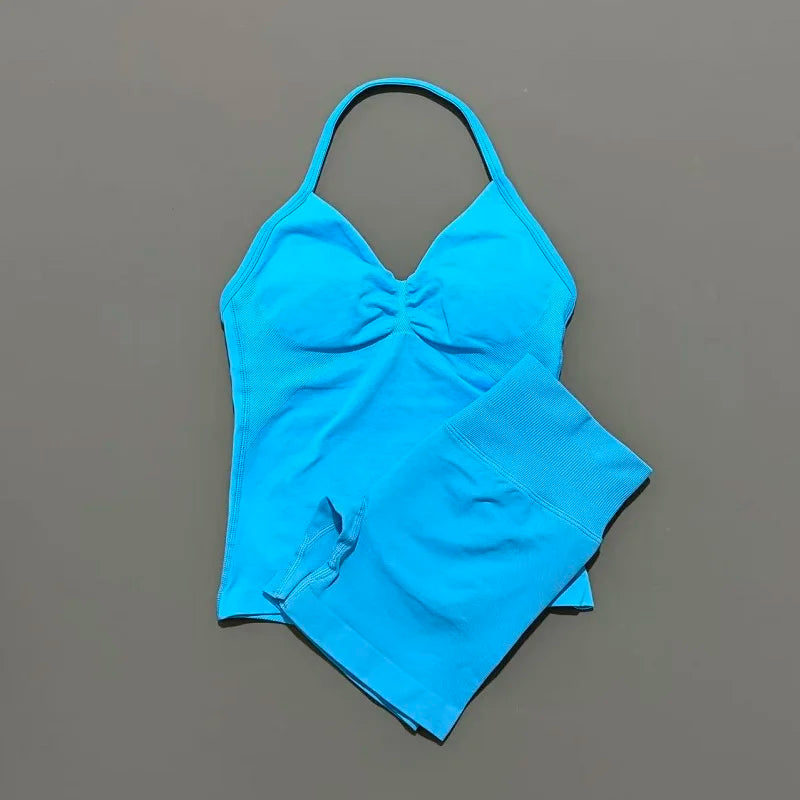 2 Pieces modern workout Sets, Backless Halter Tops + High Waist Seamless Shorts