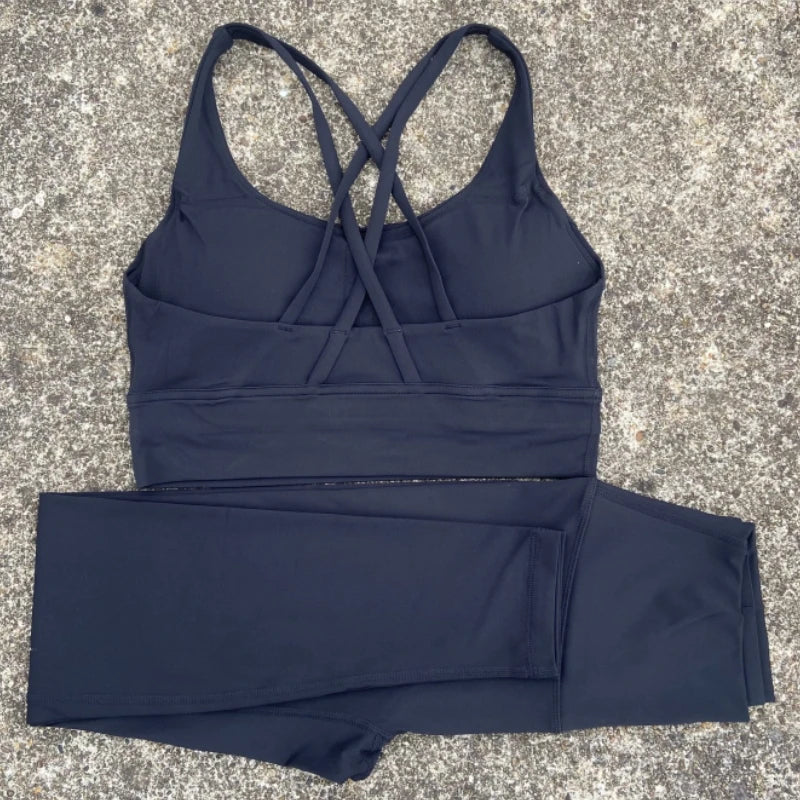 2 Piece Set workout Set, Cross Straps Bra + High Waist Leggings Running Tracksuit