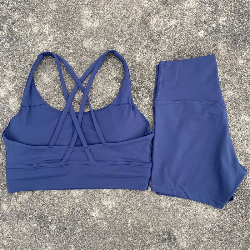 2 Piece workout Sports, Cross Back Bra + High Waist Shorts