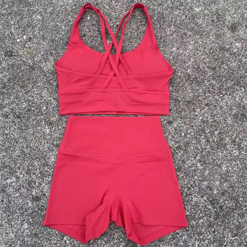 2 Piece workout Sports, Cross Back Bra + High Waist Shorts