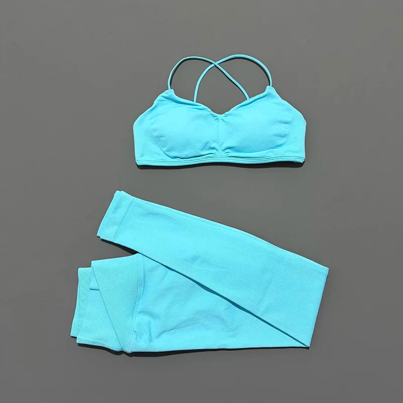2Pcs Women workout Set, Backless Tank Tops + High Waist Scrunch Seamless Shorts