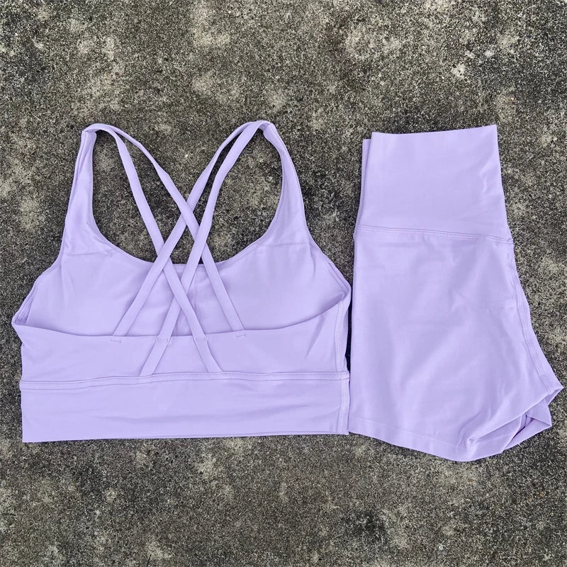 2 Piece workout Sports, Cross Back Bra + High Waist Shorts