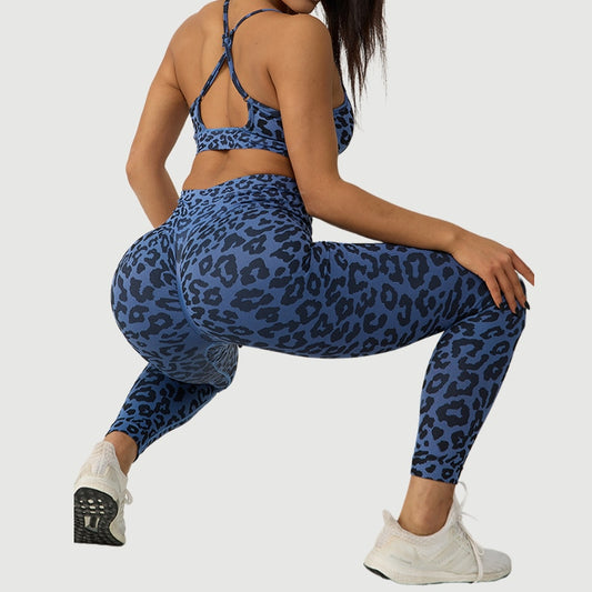 Leopard Gym Set Nylon Sports Bra Fitness Seamless Yoga Leggings, 2 Pieces Set Female Running, Training Track Suit