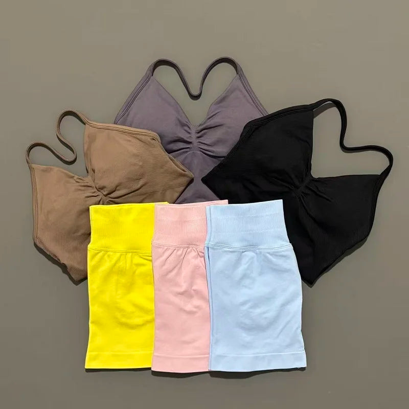 2 Pieces modern workout Sets, Backless Halter Tops + High Waist Seamless Shorts