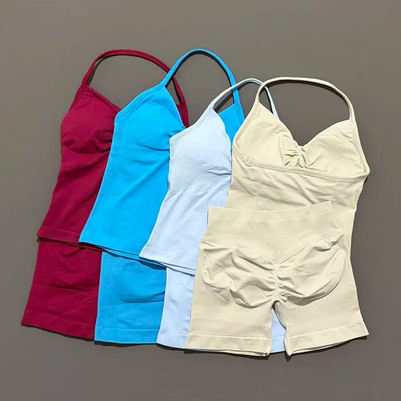 2 Pieces modern workout Sets, Backless Halter Tops + High Waist Seamless Shorts