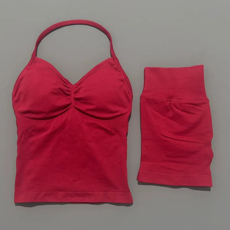 2 Pieces modern workout Sets, Backless Halter Tops + High Waist Seamless Shorts